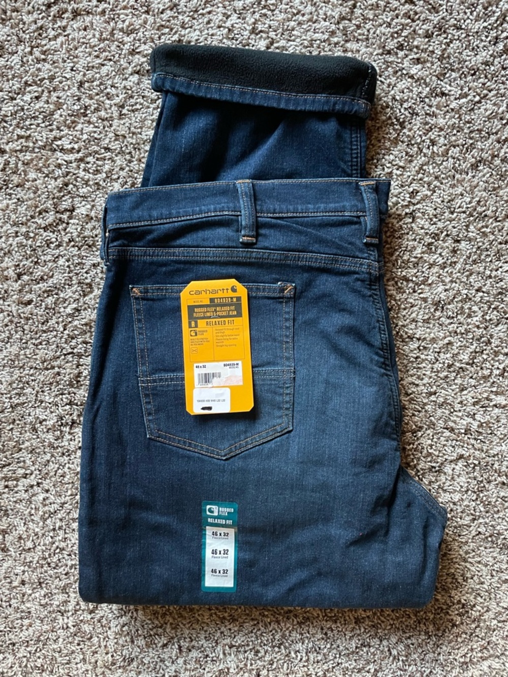 Carhartt Fleece Lined Jeans Rugged Flex Relaxed Fit 46x32 (measures 46x31) NWT